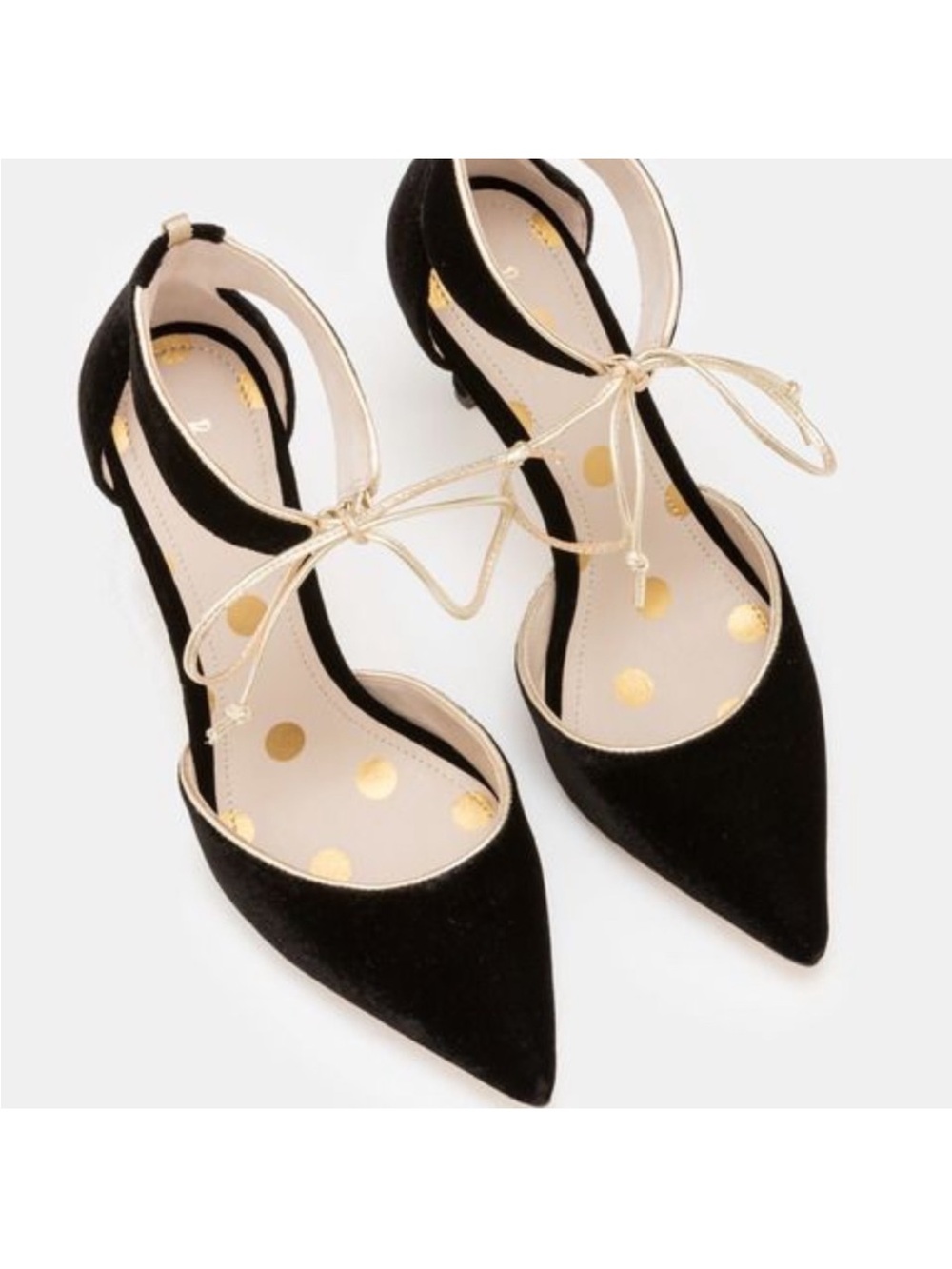 Boden Velvet Black Pointed-Toe Ankle Tie Heels with Gold Trim